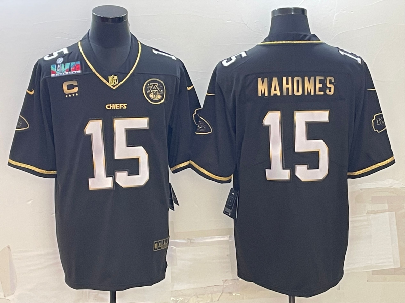 Men??s Kansas City Chiefs #15 Patrick Mahomes Black Gold Super Bowl LVII Patch And 4-star C Patch Vapor Untouchable Limited Stitched Jersey - Click Image to Close